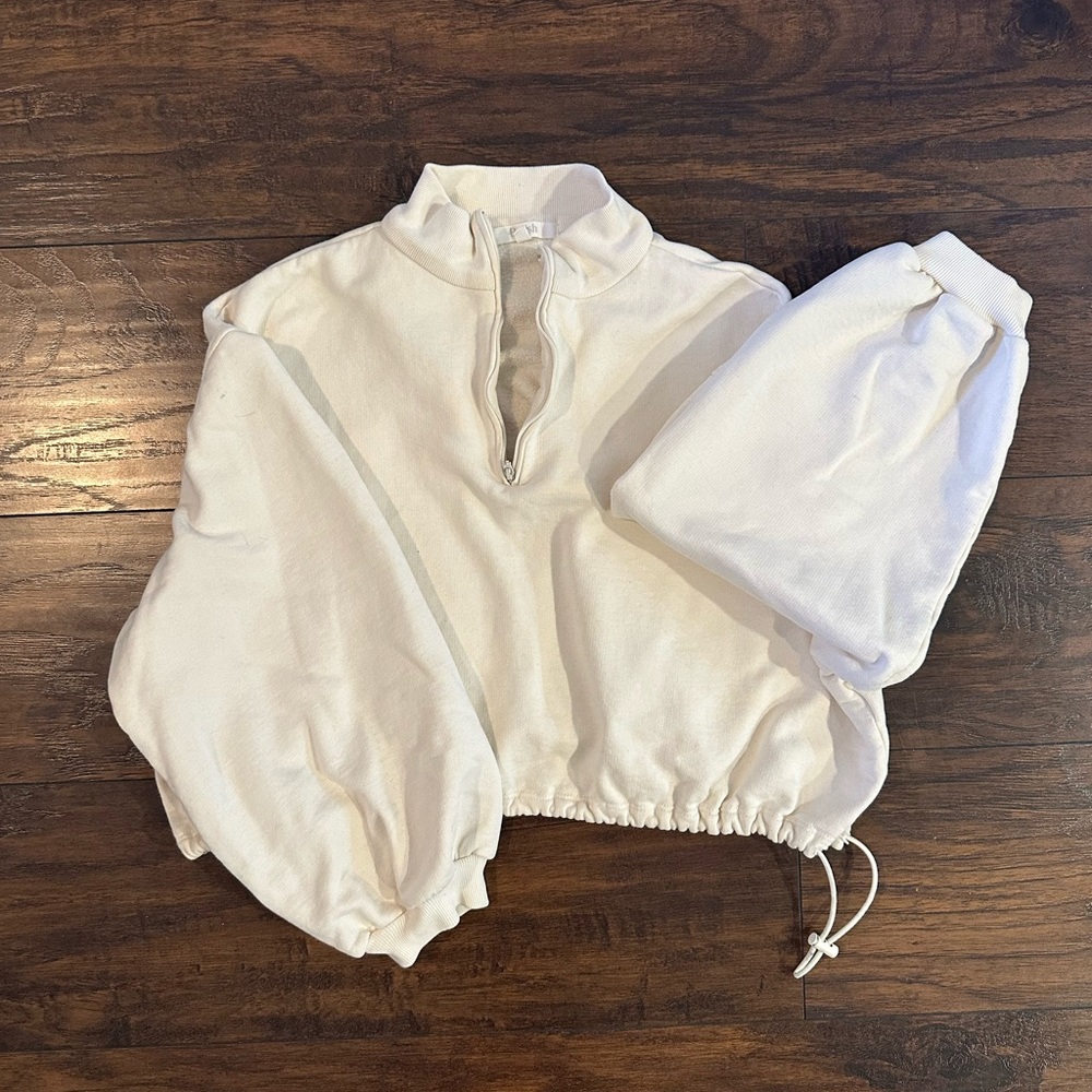 Boyish Brand cream quarter zip crop sweater w/drawstring to customize length
